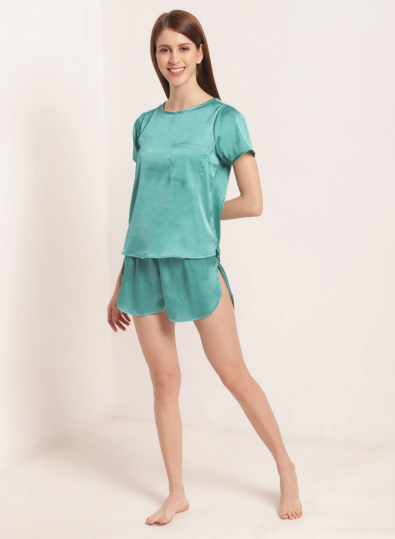 Aila 2-Piece Solid Design Satin Top And Shorts Set Dark Seafoam  - Image 3