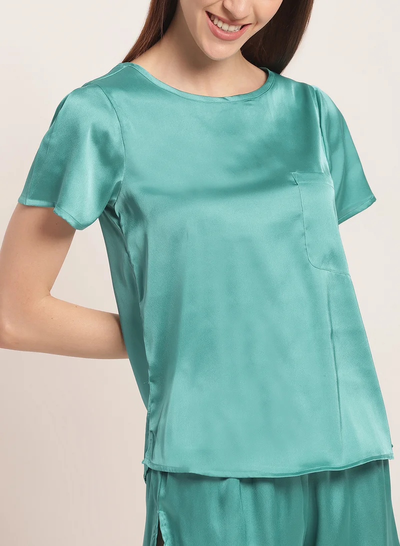 Aila 2-Piece Solid Design Satin Top And Shorts Set Dark Seafoam
