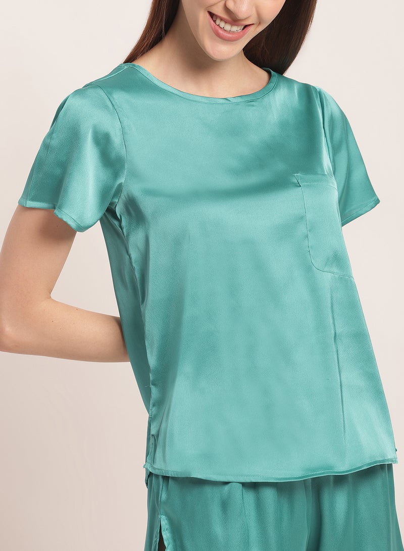 Aila 2-Piece Solid Design Satin Top And Shorts Set Dark Seafoam  - Image 4