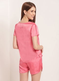 Aila 2-Piece Solid Design Satin Top And Shorts Set Coral Powder  - Image 2