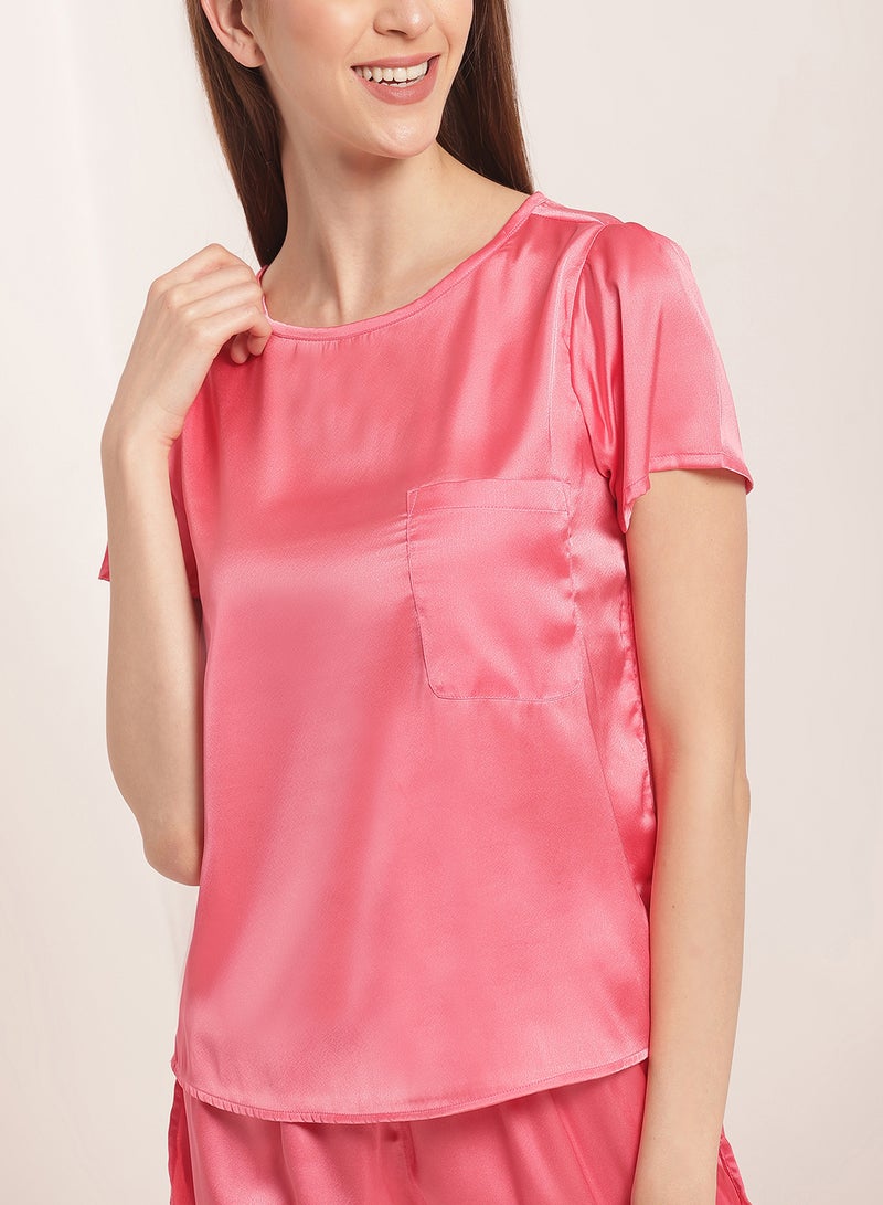 Aila 2-Piece Solid Design Satin Top And Shorts Set Coral Powder  - Image 4