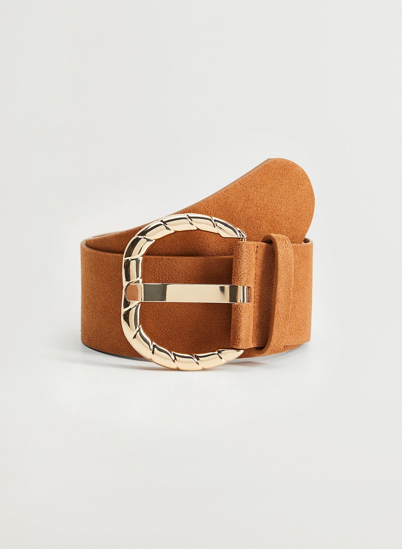 MANGO Embossed Design Tongue Buckle Belt Camel - Image 1