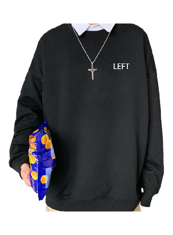 Crew Neck Sweatshirt Solid Color Printing Left Loose Casual Male Pullover Tops Black  - Image 1