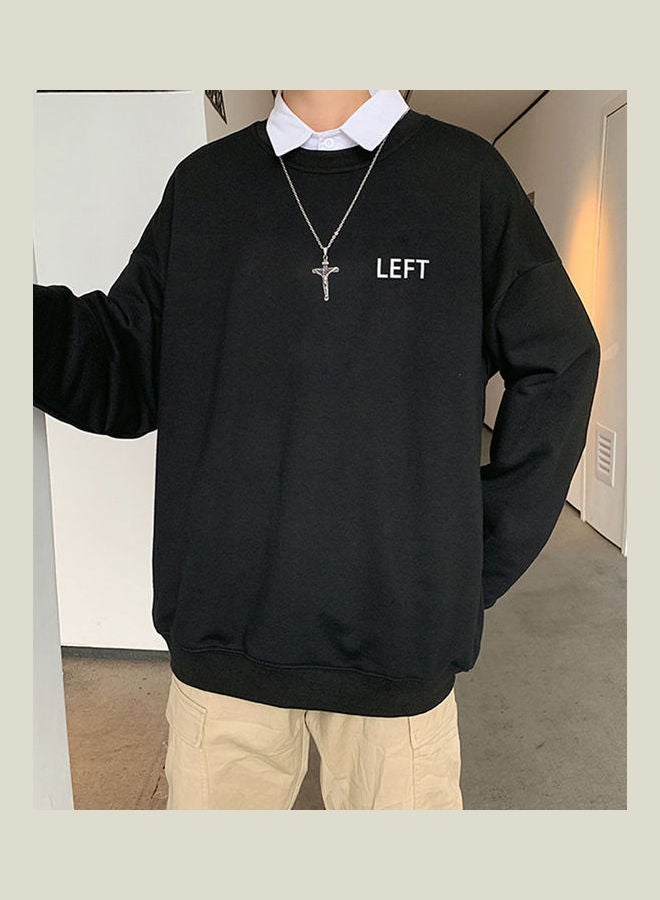 Crew Neck Sweatshirt Solid Color Printing Left Loose Casual Male Pullover Tops Black  - Image 4