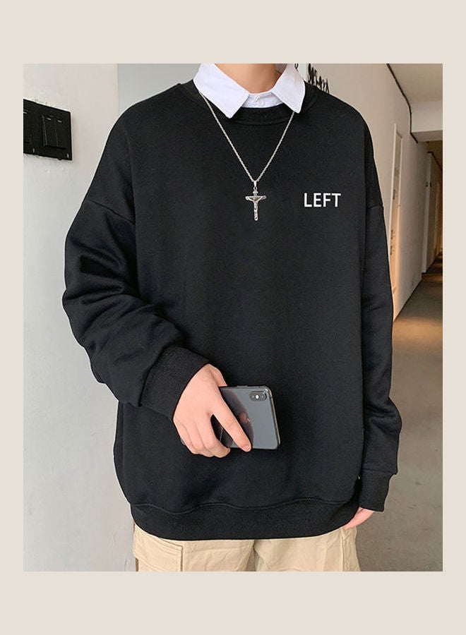 Crew Neck Sweatshirt Solid Color Printing Left Loose Casual Male Pullover Tops Black  - Image 5