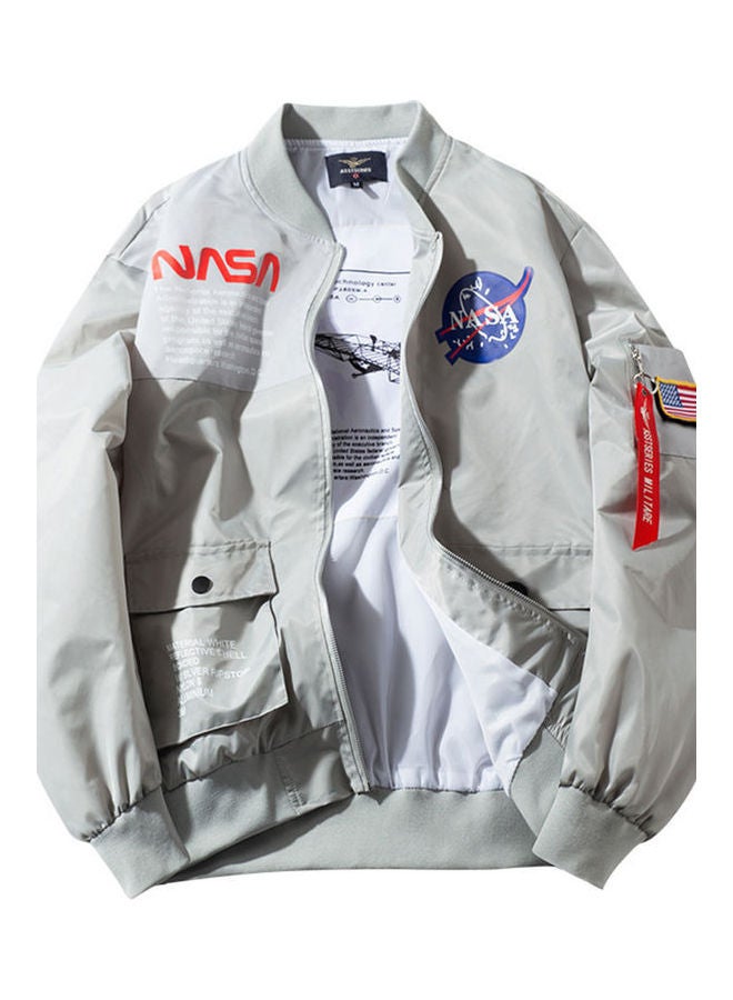 Jacket Pilot Casual Coat Astronaut Overall Zipper Closure Stand Collar Rib Bottom Hem Light Grey  - Image 1