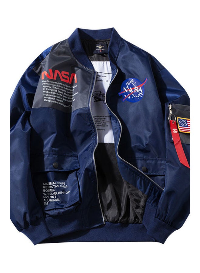 Jacket Pilot Casual Coat Astronaut Overall Zipper Closure Stand Collar Rib Bottom Hem Dark blue  - Image 1