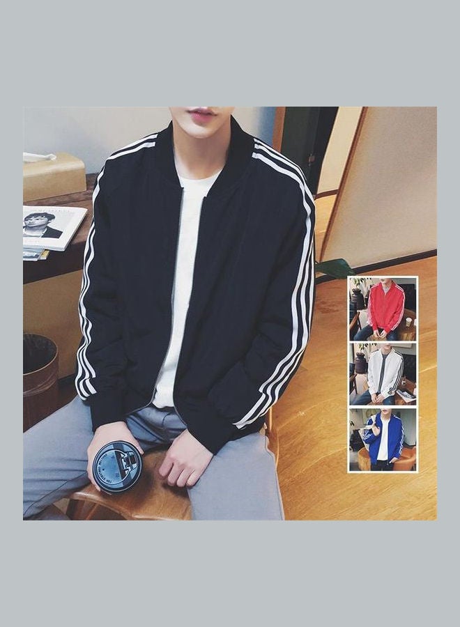 Jacket Spring Autumn Stand Collar Zipper Pocket Stripe Sleeve Causal Outwear Coat Black  - Image 1