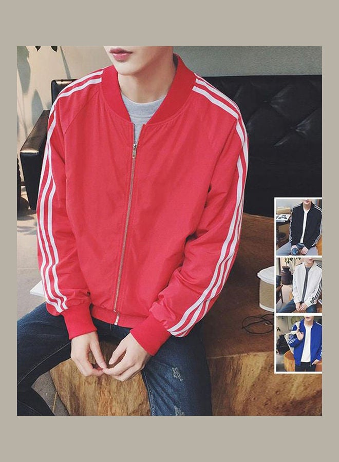 Jacket Spring Autumn Stand Collar Zipper Pocket Stripe Sleeve Causal Outwear Coat Black  - Image 4
