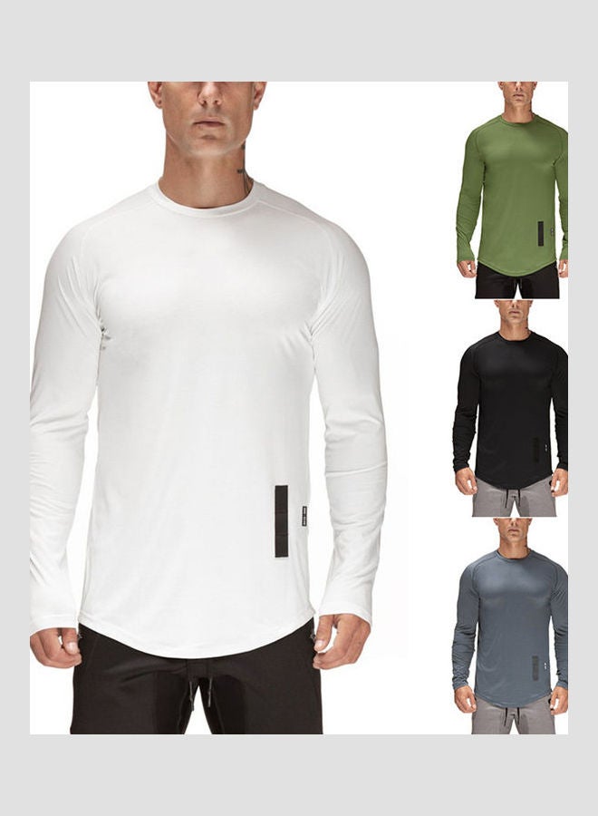 Long Sleeve T-Shirt With Crew Neck Solid Slim Male Pullover White  - Image 3