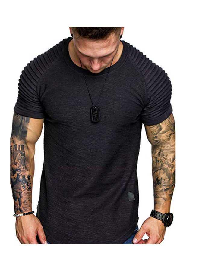 Short Sleeve T-shirt Tops Pleated Shoulder Crew Neck Slim Solid Color Pullover Black - v1606412009/N42603947V_1