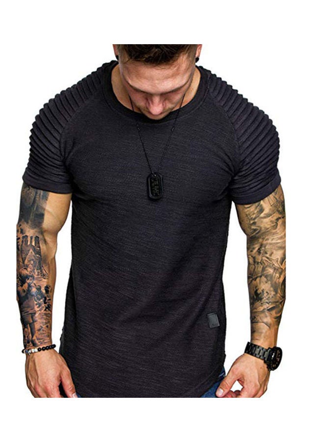 Short Sleeve T-shirt Tops Pleated Shoulder Crew Neck Slim Solid Color Pullover Black - Image 1