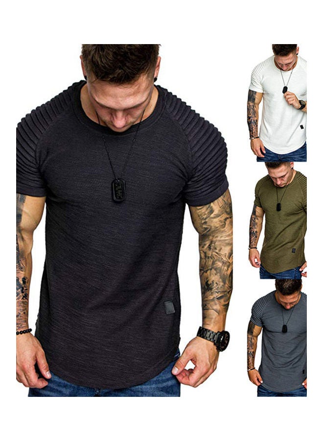Short Sleeve T-shirt Tops Pleated Shoulder Crew Neck Slim Solid Color Pullover Black - Image 3