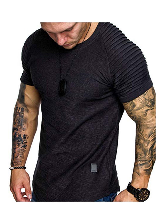 Short Sleeve T-shirt Tops Pleated Shoulder Crew Neck Slim Solid Color Pullover Black - Image 4