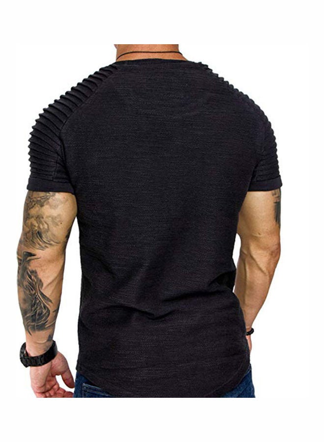 Short Sleeve T-shirt Tops Pleated Shoulder Crew Neck Slim Solid Color Pullover Black - Image 5