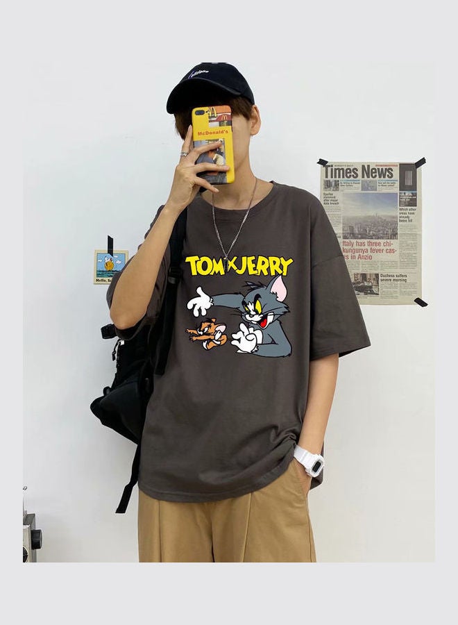 Loose Cartoon Print T-Shirt Coffee - Image 1
