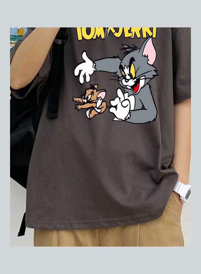 Loose Cartoon Print T-Shirt Coffee - Image 3
