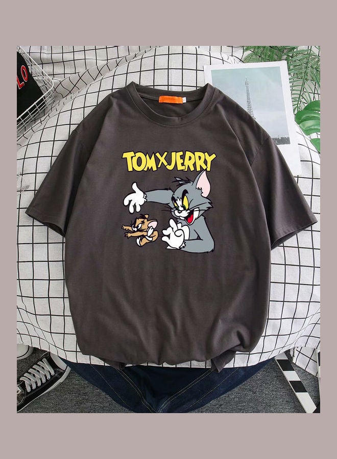 Loose Cartoon Print T-Shirt Coffee - Image 4