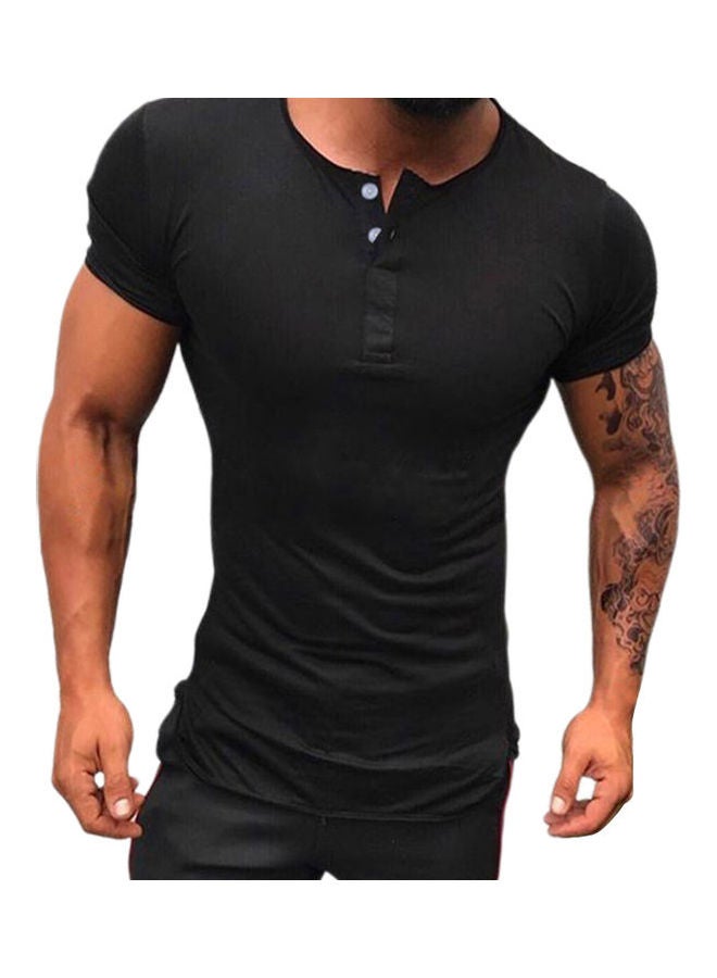 Fashion Simple Short Sleeve Cotton Blend Pullover Slim T-Shirt black - Image 1