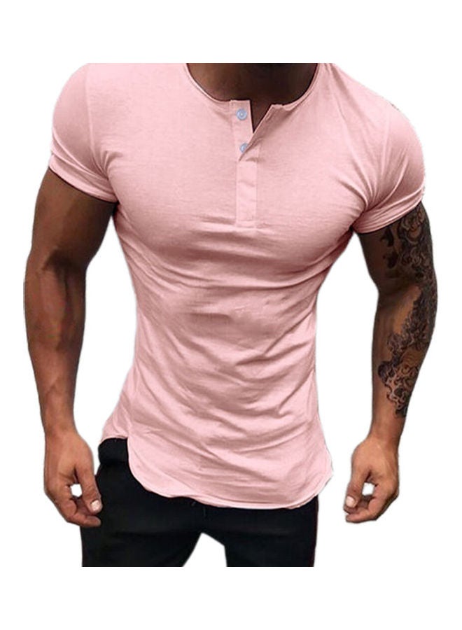 Fashion Simple Short Sleeve Cotton Blend Pullover Slim T-Shirt Pink - Image 1