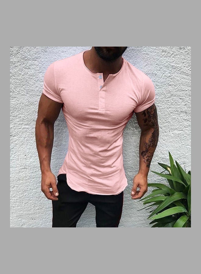 Fashion Simple Short Sleeve Cotton Blend Pullover Slim T-Shirt Pink - Image 2