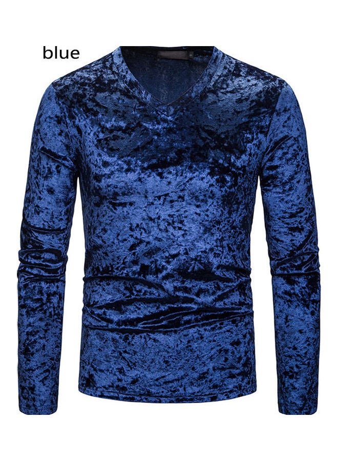 Plush Surface V Collar Long Sleeve Slim Shirt blue - Image 1