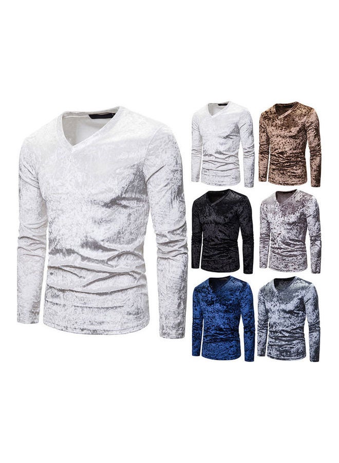Plush Surface V Collar Long Sleeve Slim Shirt blue - Image 4