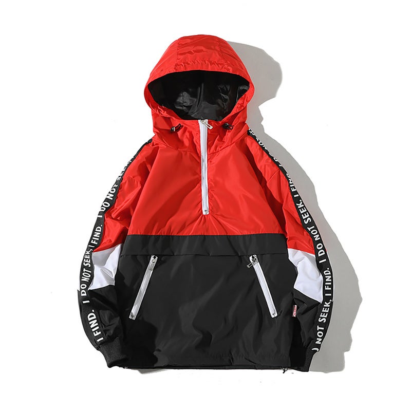 Spring Autumn Hooded Loose Large Size Pockets Jacket Coat red  - Image 3