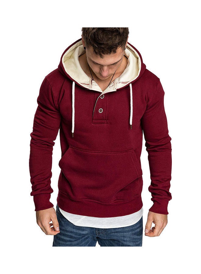 Spring Autumn Fashion Round Collar Button Decor Hooded Fleece red  - Image 1
