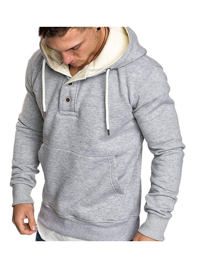 Spring Autumn Fashion Round Collar Button Decor Hooded Fleece light grey  - Image 2