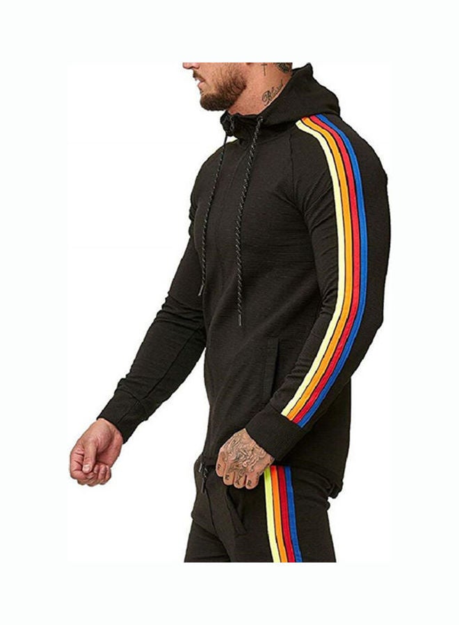 Color Striped Zipper Hooded Sweatshirt Black  - Image 1