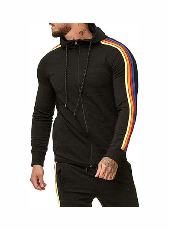 Color Striped Zipper Hooded Sweatshirt Black  - Image 3