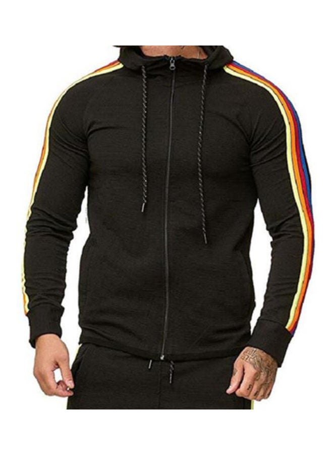 Color Striped Zipper Hooded Sweatshirt Black  - Image 2