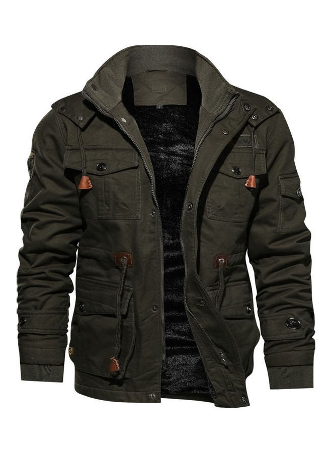 Thickening Embroidered Hooded Jacket Army Green - Image 1