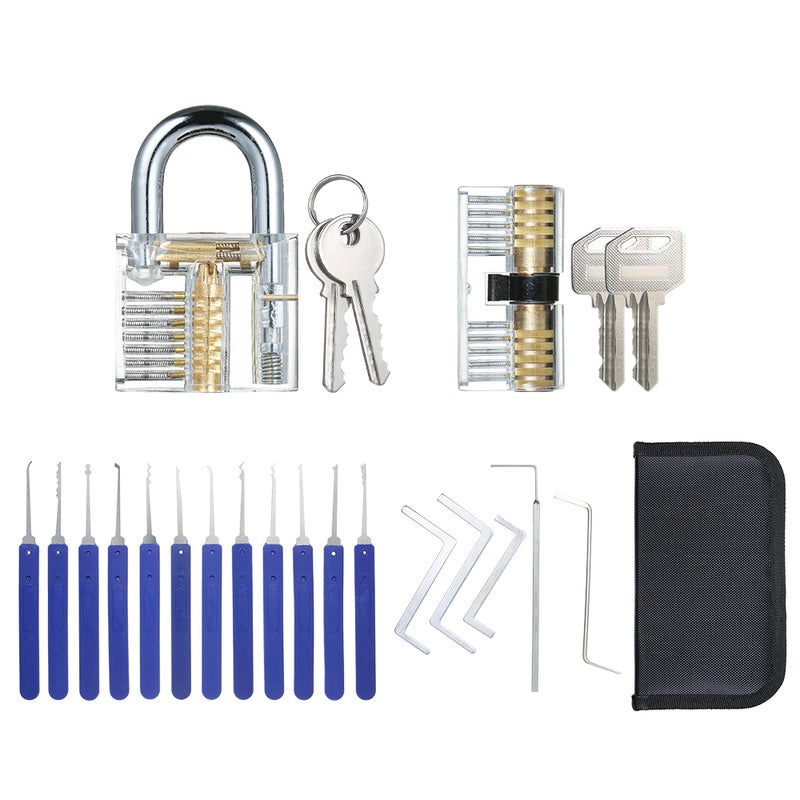 Generic - 17-Pieces Of Lock Picking Set With 2 Visible Practice Locks Transparent Padlock Training Locksmith Tools Lockpicking Set For Beginners Professionals Kits Transparent 25.0x22.0x6.0cm - Image 1