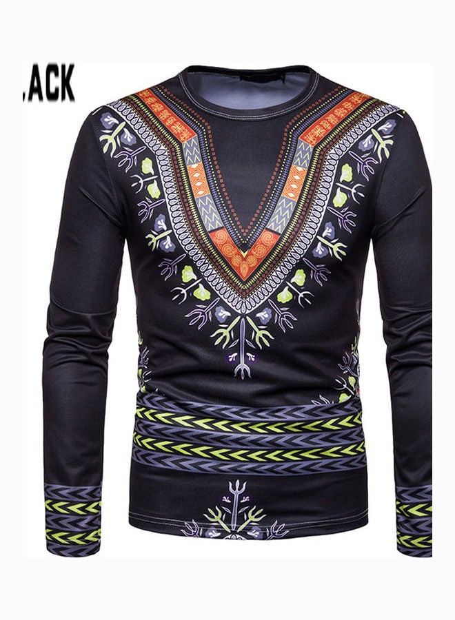 T - Shirt Long Sleeve 3D Printing Round Collar Ethnic Style Slim Tops Black - Image 1