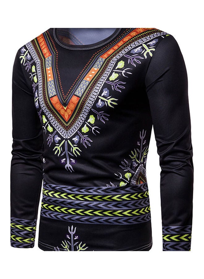 T - Shirt Long Sleeve 3D Printing Round Collar Ethnic Style Slim Tops Black - Image 4