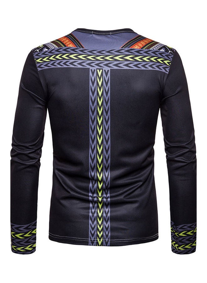 T - Shirt Long Sleeve 3D Printing Round Collar Ethnic Style Slim Tops Black - Image 5
