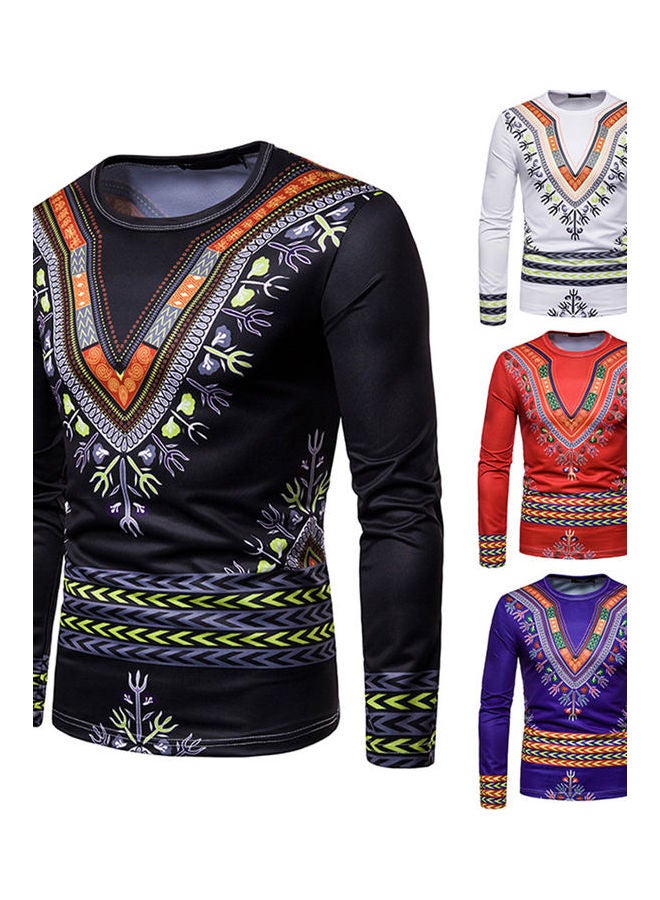 T - Shirt Long Sleeve 3D Printing Round Collar Ethnic Style Slim Tops Black - Image 3