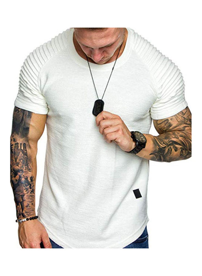Short Sleeve T-shirt Tops Pleated Shoulder Crew Neck Slim Solid Color Pullover White  - Image 1