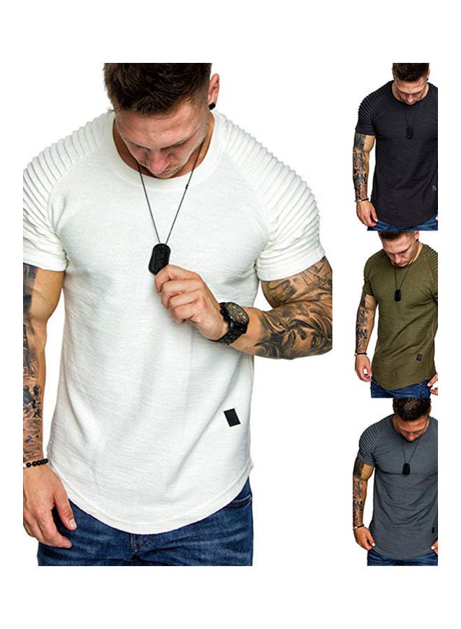 Short Sleeve T-shirt Tops Pleated Shoulder Crew Neck Slim Solid Color Pullover White  - Image 3