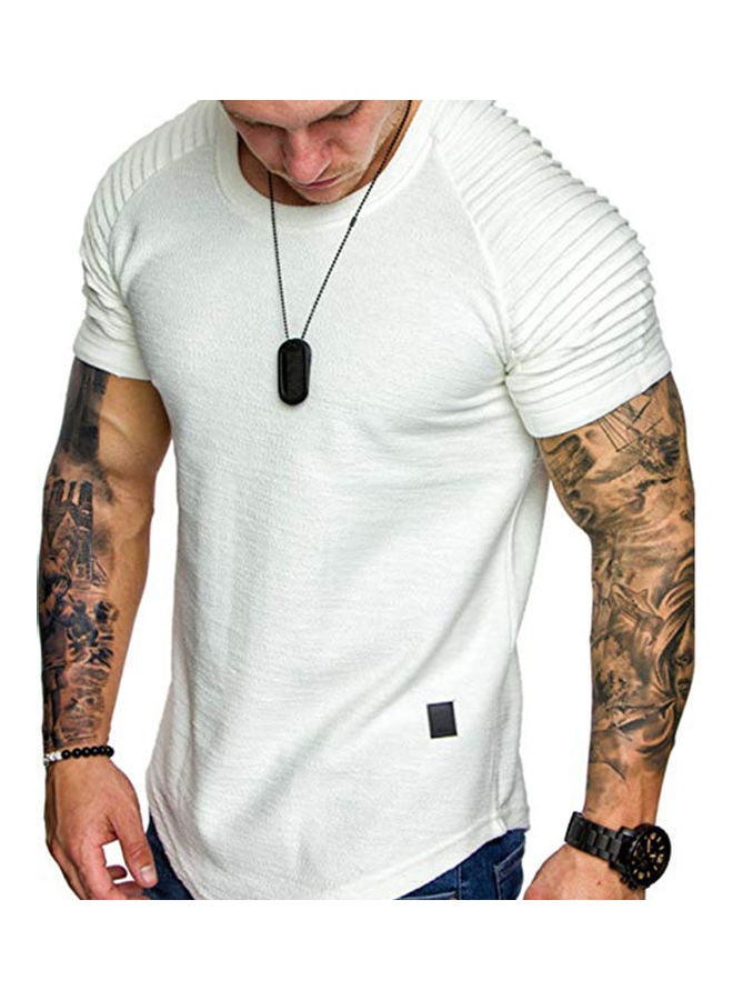 Short Sleeve T-shirt Tops Pleated Shoulder Crew Neck Slim Solid Color Pullover White  - Image 4