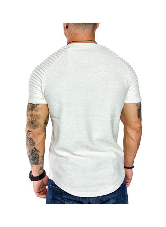 Short Sleeve T-shirt Tops Pleated Shoulder Crew Neck Slim Solid Color Pullover White  - Image 5