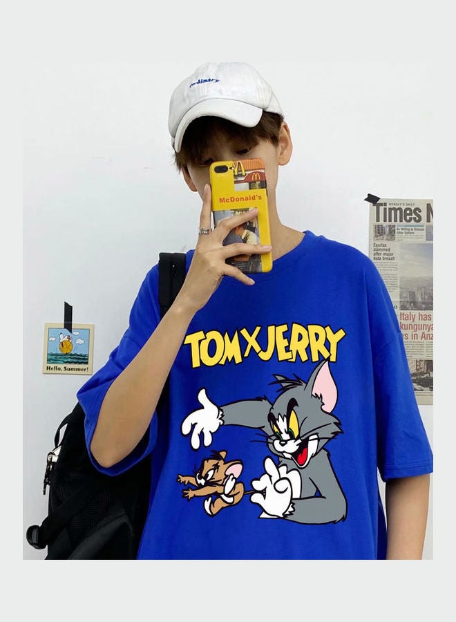 Summer Fashion Casual Loose Short Sleeve Cartoon Printing T-Shirt Tops Blue  - Image 1