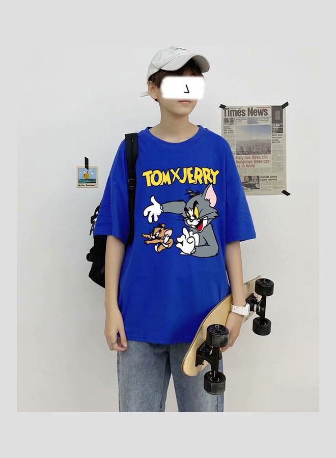 Summer Fashion Casual Loose Short Sleeve Cartoon Printing T-Shirt Tops Blue  - Image 3
