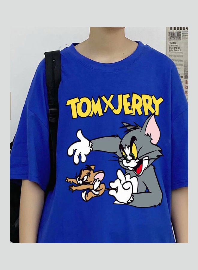 Summer Fashion Casual Loose Short Sleeve Cartoon Printing T-Shirt Tops Blue  - Image 2