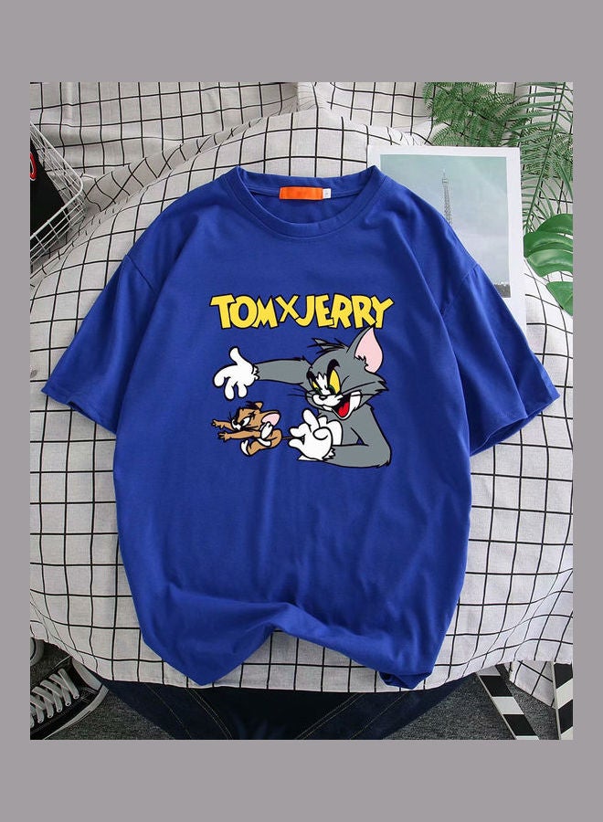 Summer Fashion Casual Loose Short Sleeve Cartoon Printing T-Shirt Tops Blue  - Image 4