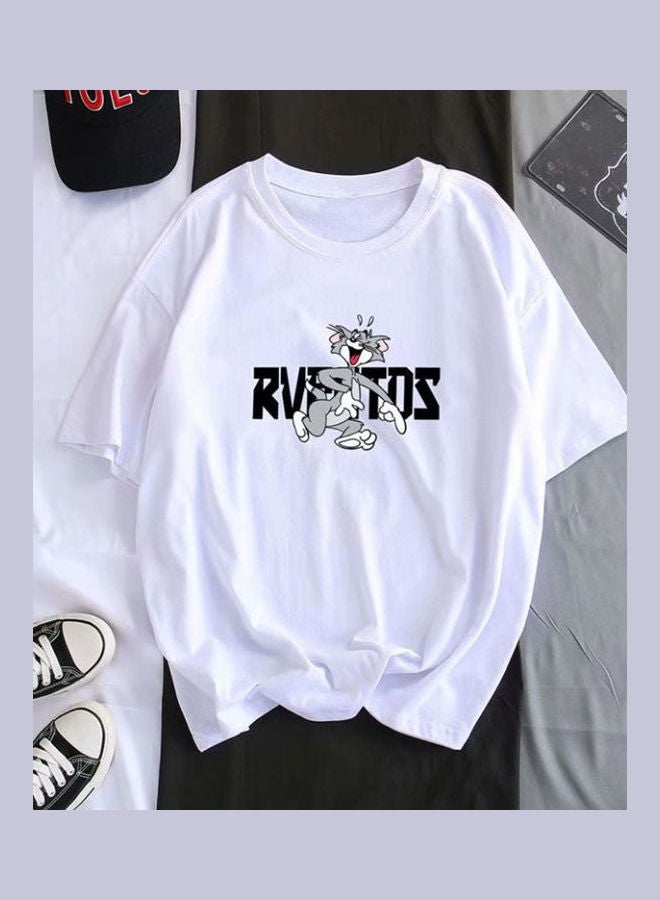 Summer Fashion Short Sleeve Round Neckline Cartoon Printing T-Shirt Tops White  - Image 1