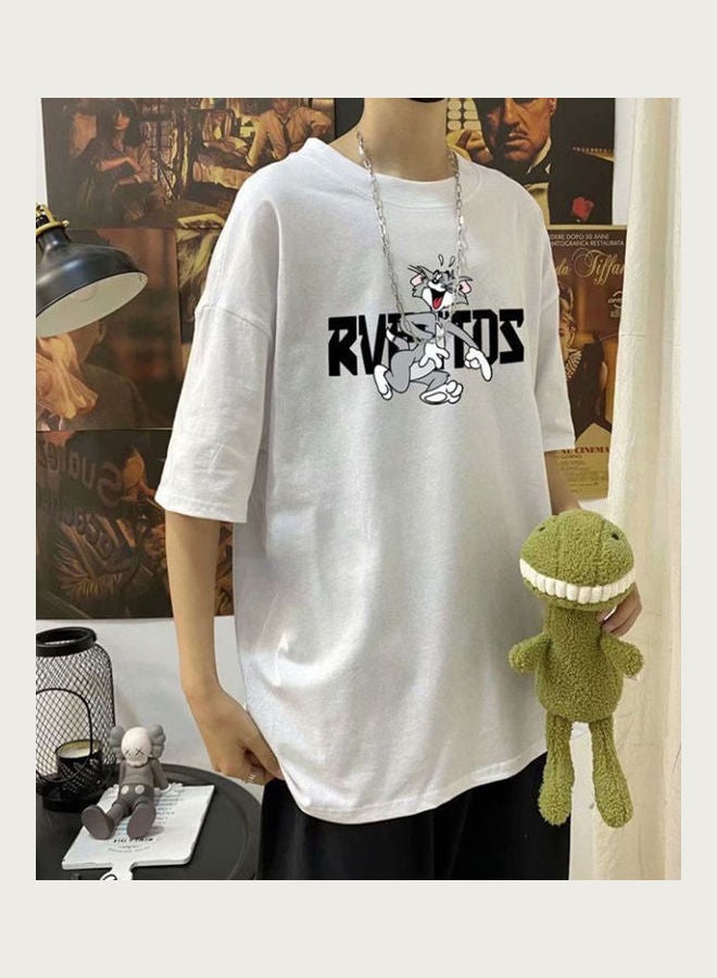Summer Fashion Short Sleeve Round Neckline Cartoon Printing T-Shirt Tops White  - Image 2