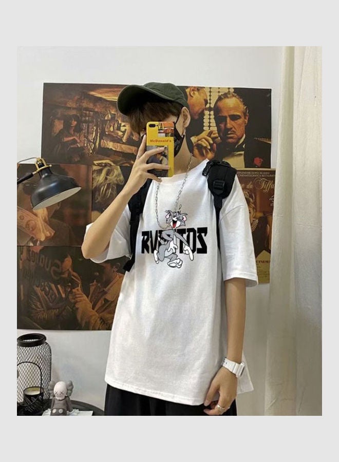 Summer Fashion Short Sleeve Round Neckline Cartoon Printing T-Shirt Tops White  - Image 3